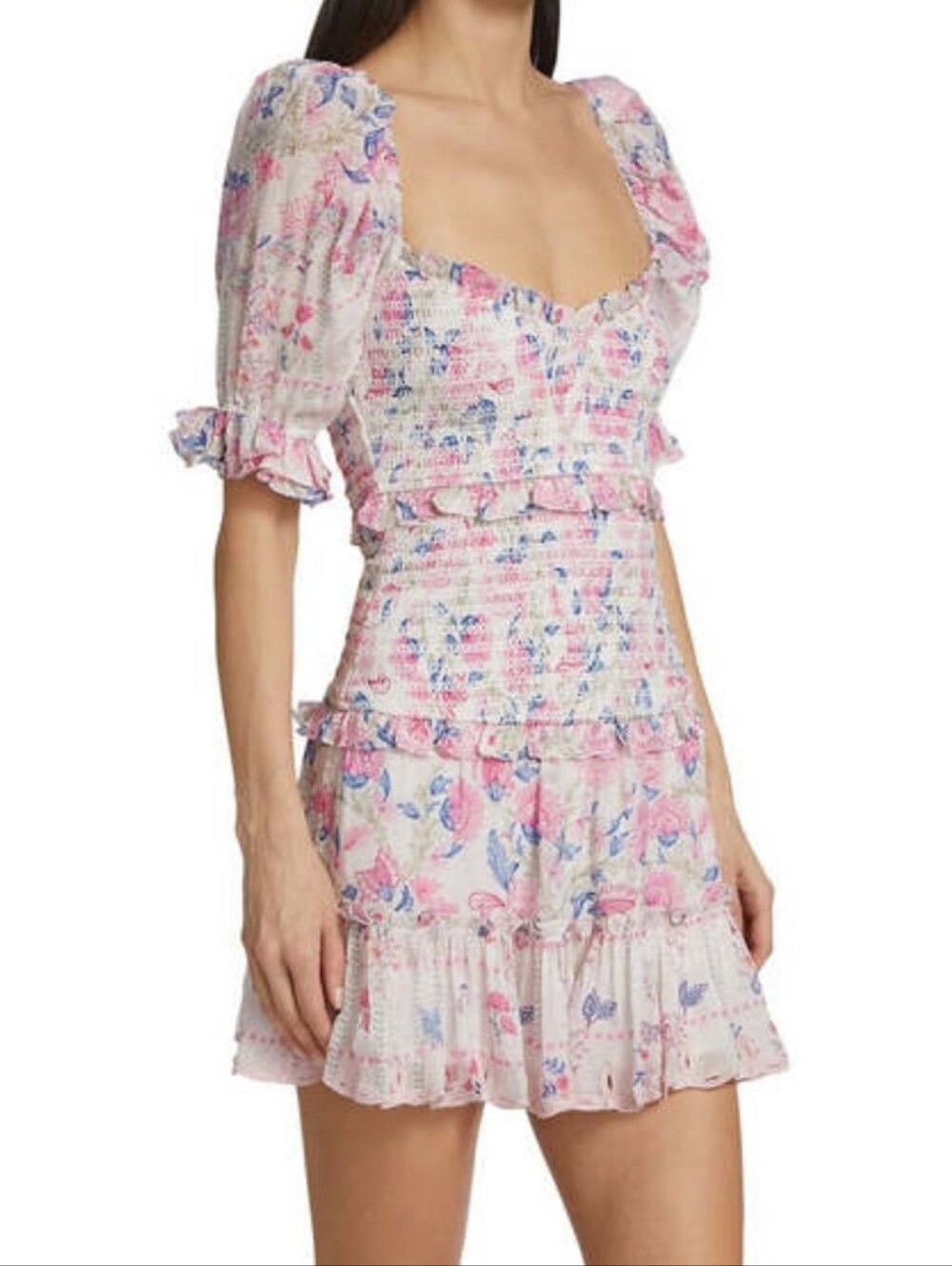 HEMANT & NANDITA Coquette Romantic Floral Cottagecore Smocked Mini Dress Small
